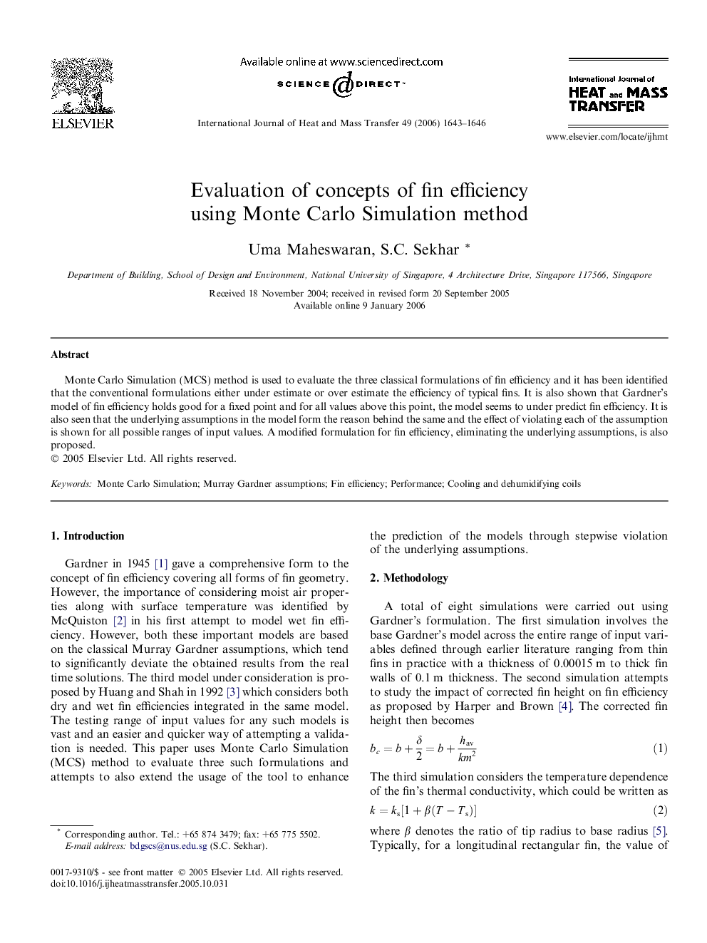 Evaluation of concepts of fin efficiency using Monte Carlo Simulation method