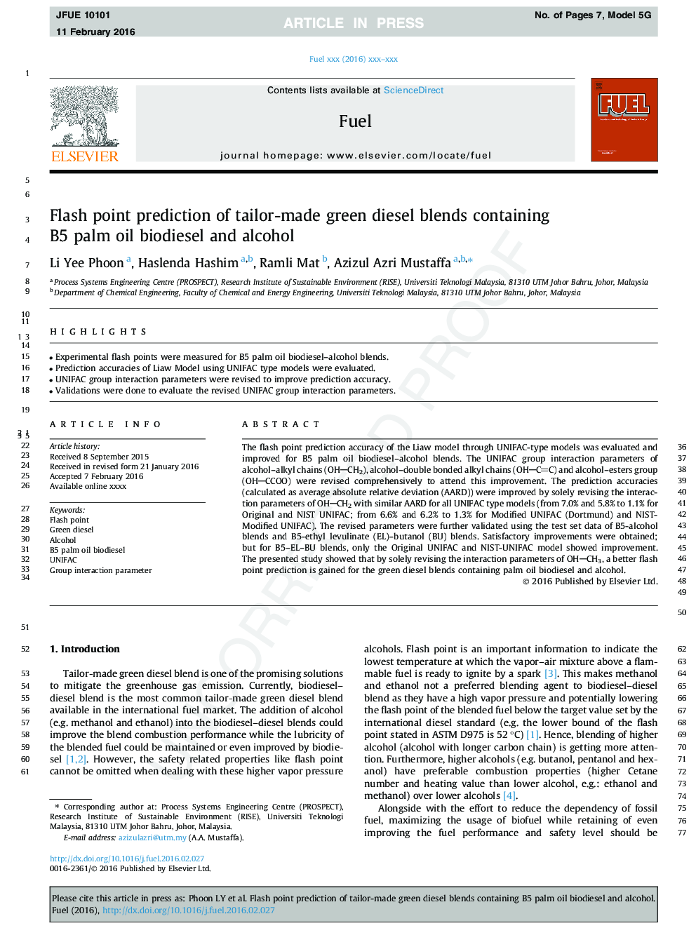 Flash point prediction of tailor-made green diesel blends containing B5 palm oil biodiesel and alcohol