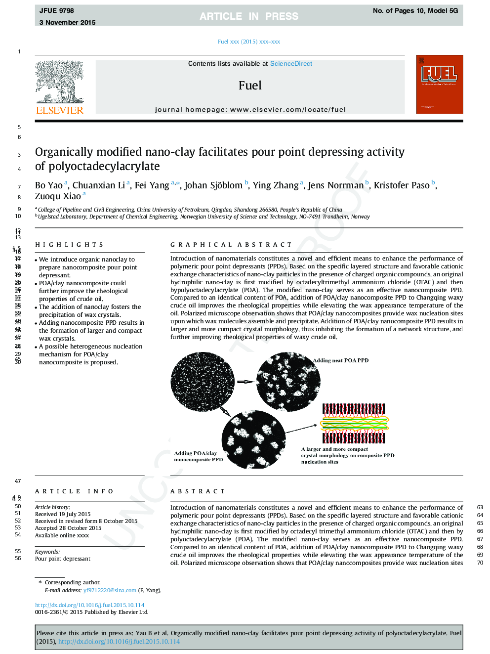 Organically modified nano-clay facilitates pour point depressing activity of polyoctadecylacrylate