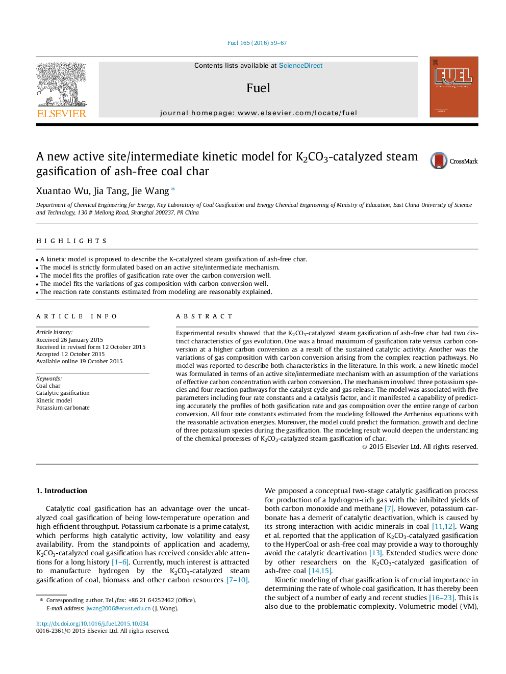 A new active site/intermediate kinetic model for K2CO3-catalyzed steam gasification of ash-free coal char