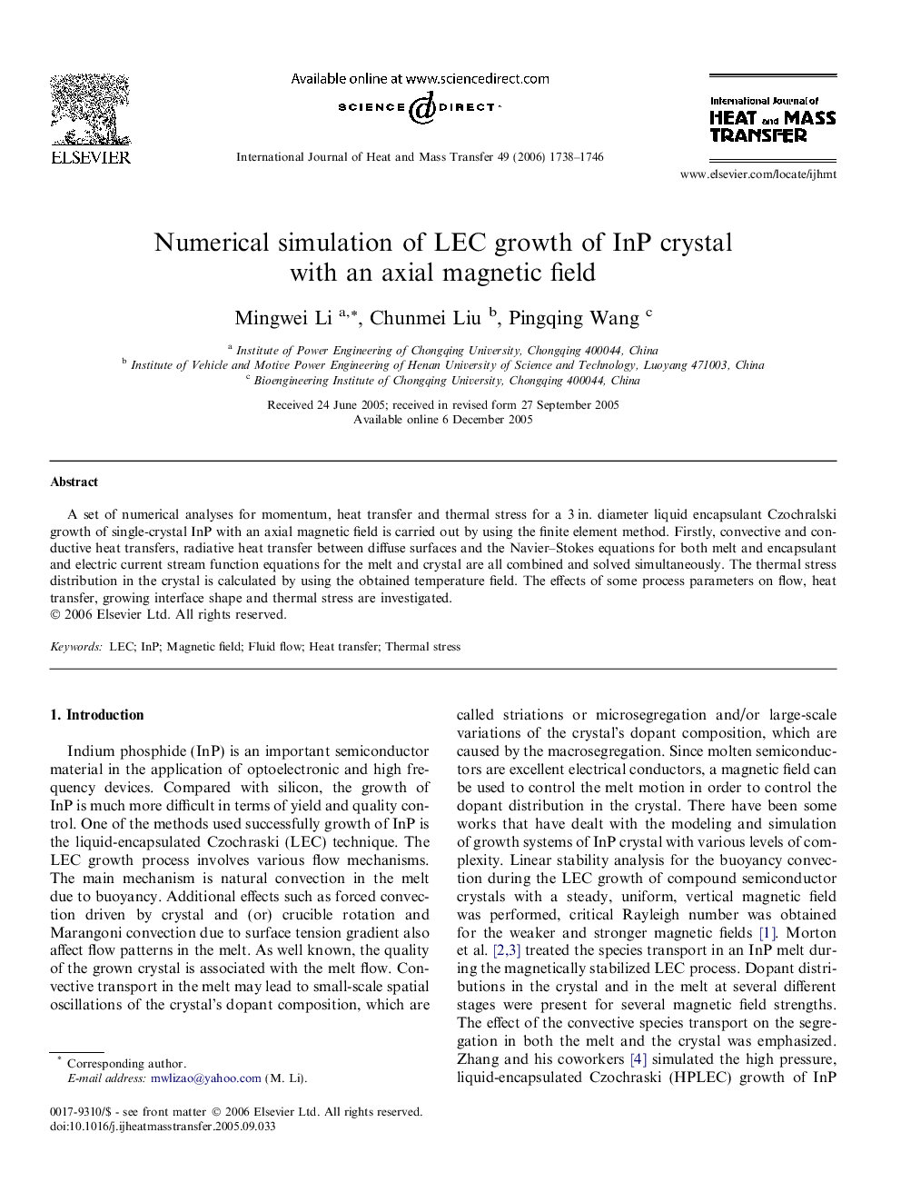 Numerical simulation of LEC growth of InP crystal with an axial magnetic field
