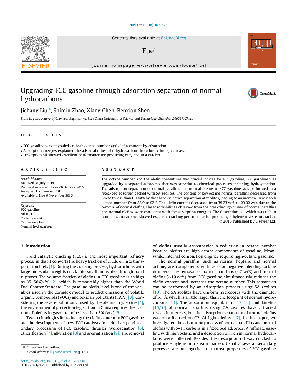 Upgrading FCC gasoline through adsorption separation of normal hydrocarbons