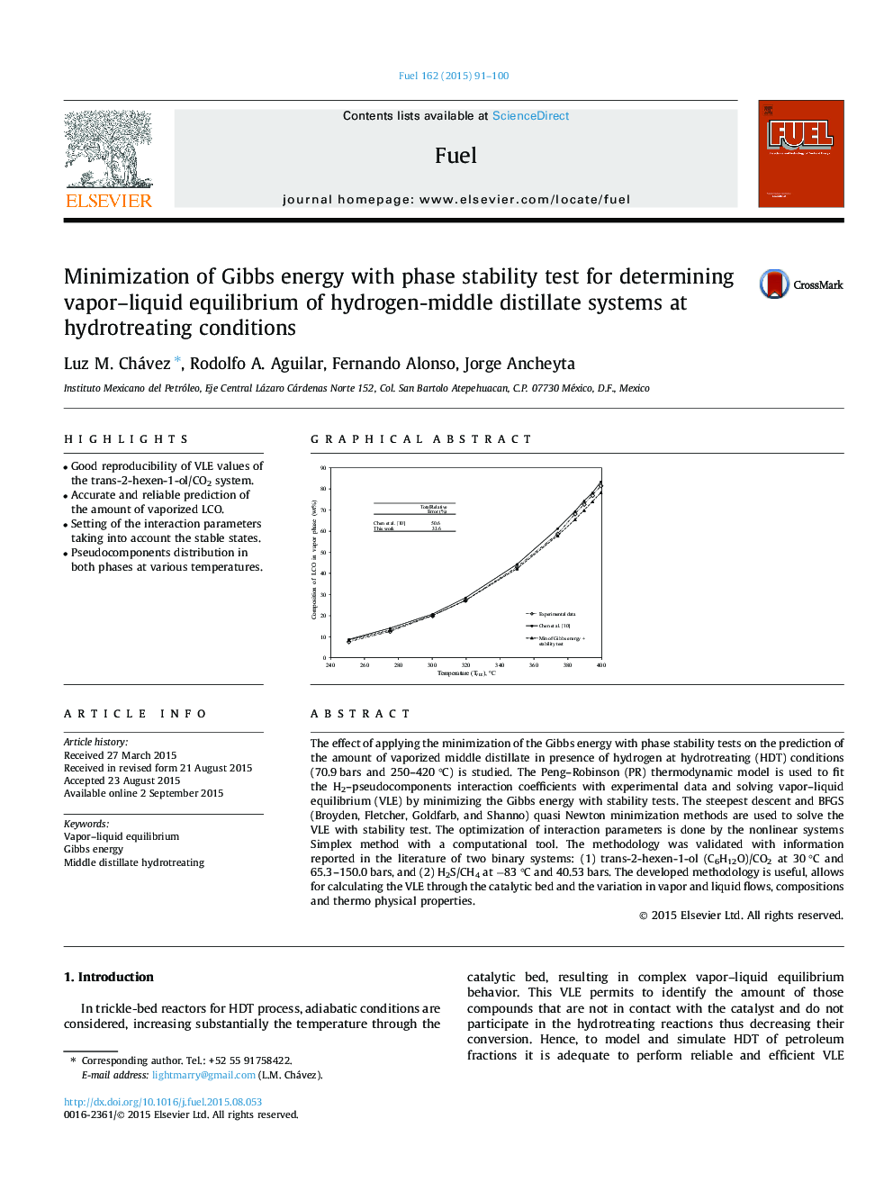 Minimization of Gibbs energy with phase stability test for determining vapor-liquid equilibrium of hydrogen-middle distillate systems at hydrotreating conditions