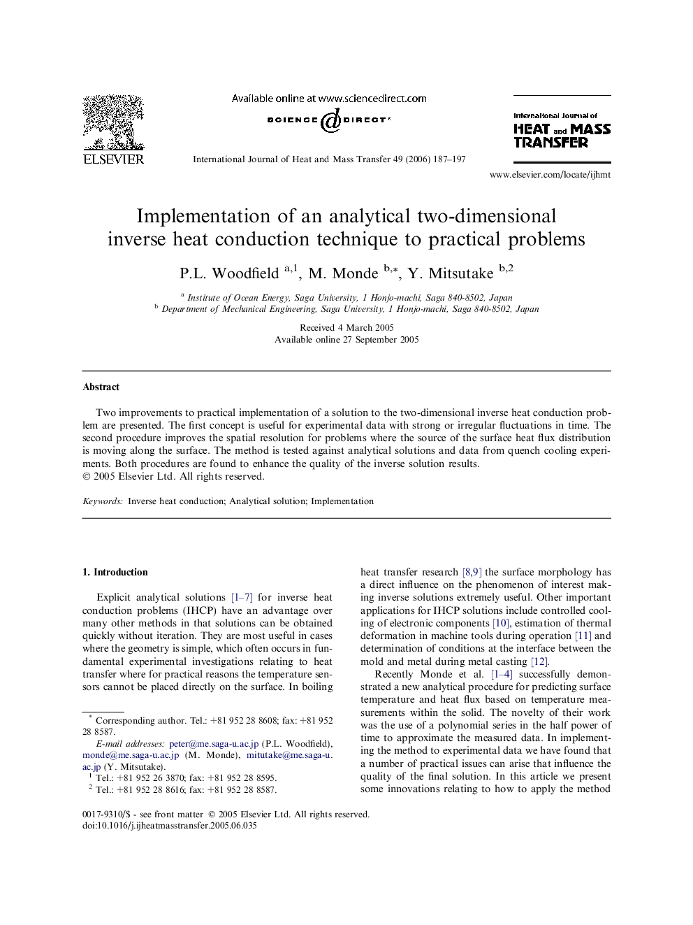 Implementation of an analytical two-dimensional inverse heat conduction technique to practical problems