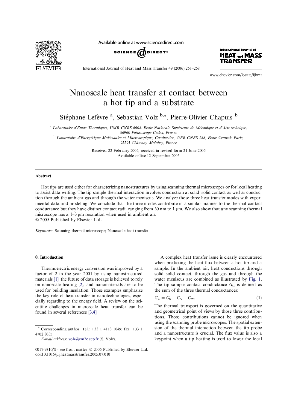 Nanoscale heat transfer at contact between a hot tip and a substrate