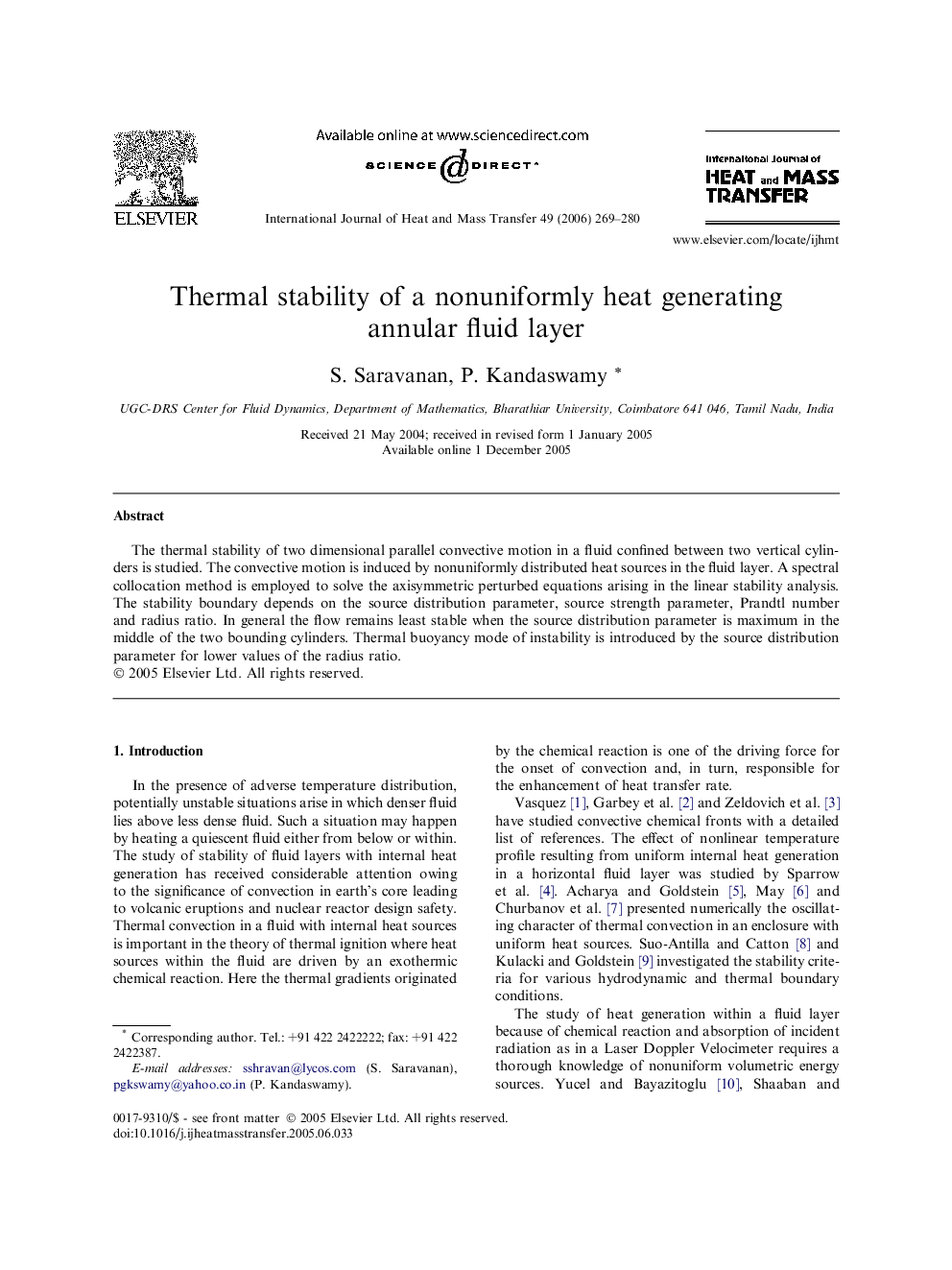 Thermal stability of a nonuniformly heat generating annular fluid layer