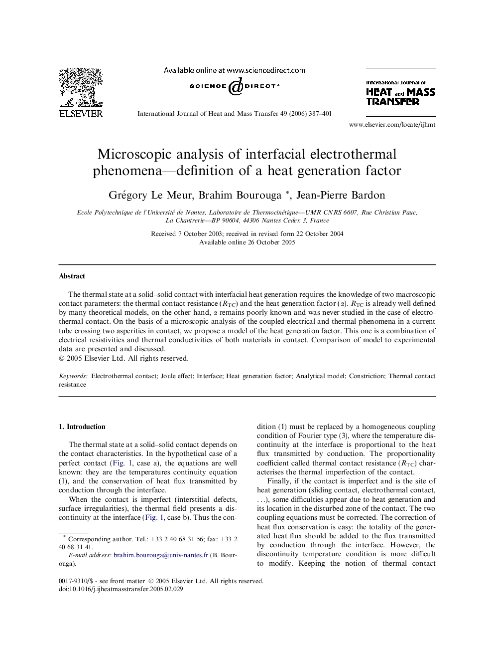 Microscopic analysis of interfacial electrothermal phenomena––definition of a heat generation factor