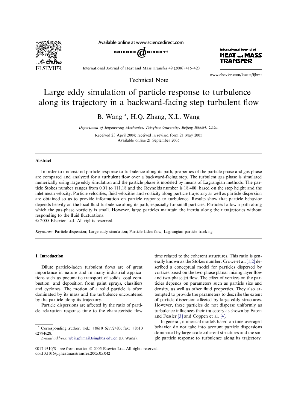 Large eddy simulation of particle response to turbulence along its trajectory in a backward-facing step turbulent flow