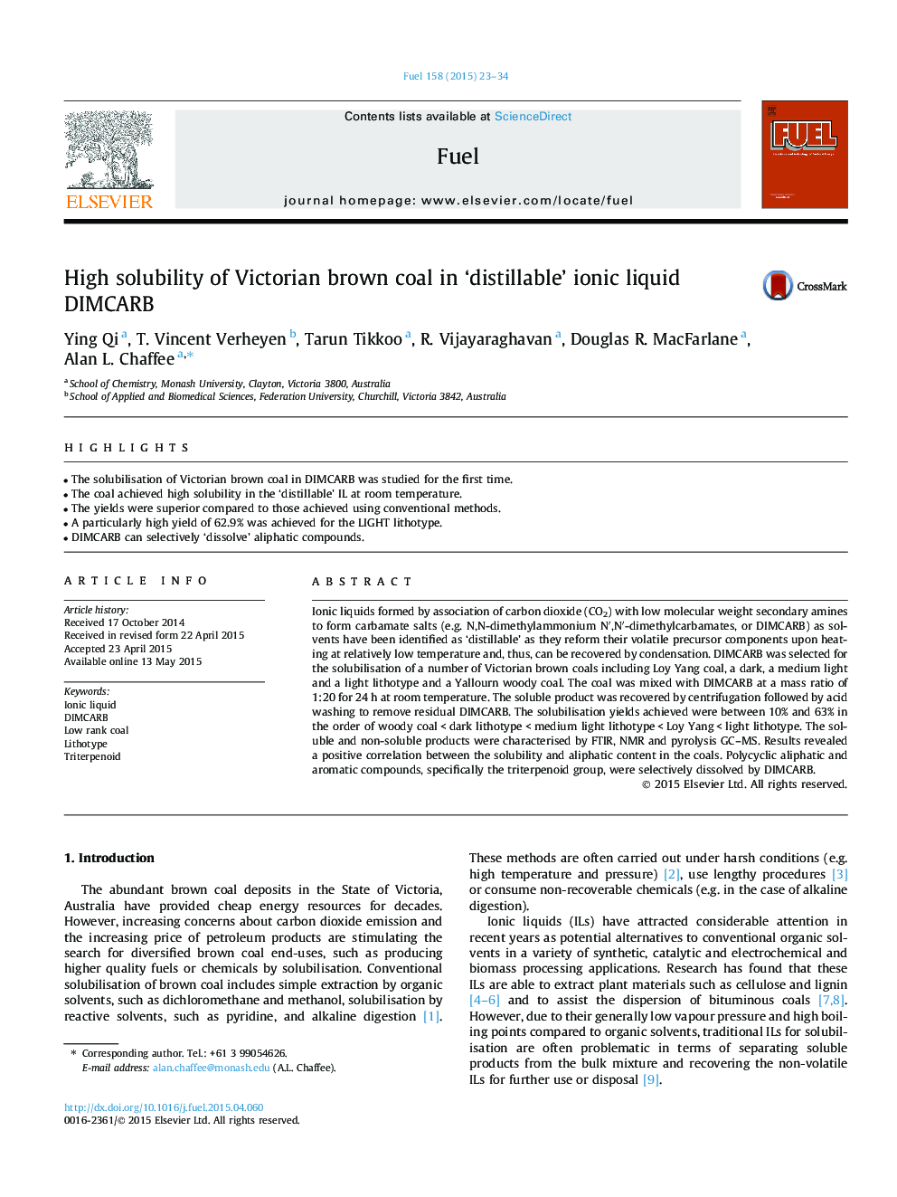 High solubility of Victorian brown coal in 'distillable' ionic liquid DIMCARB