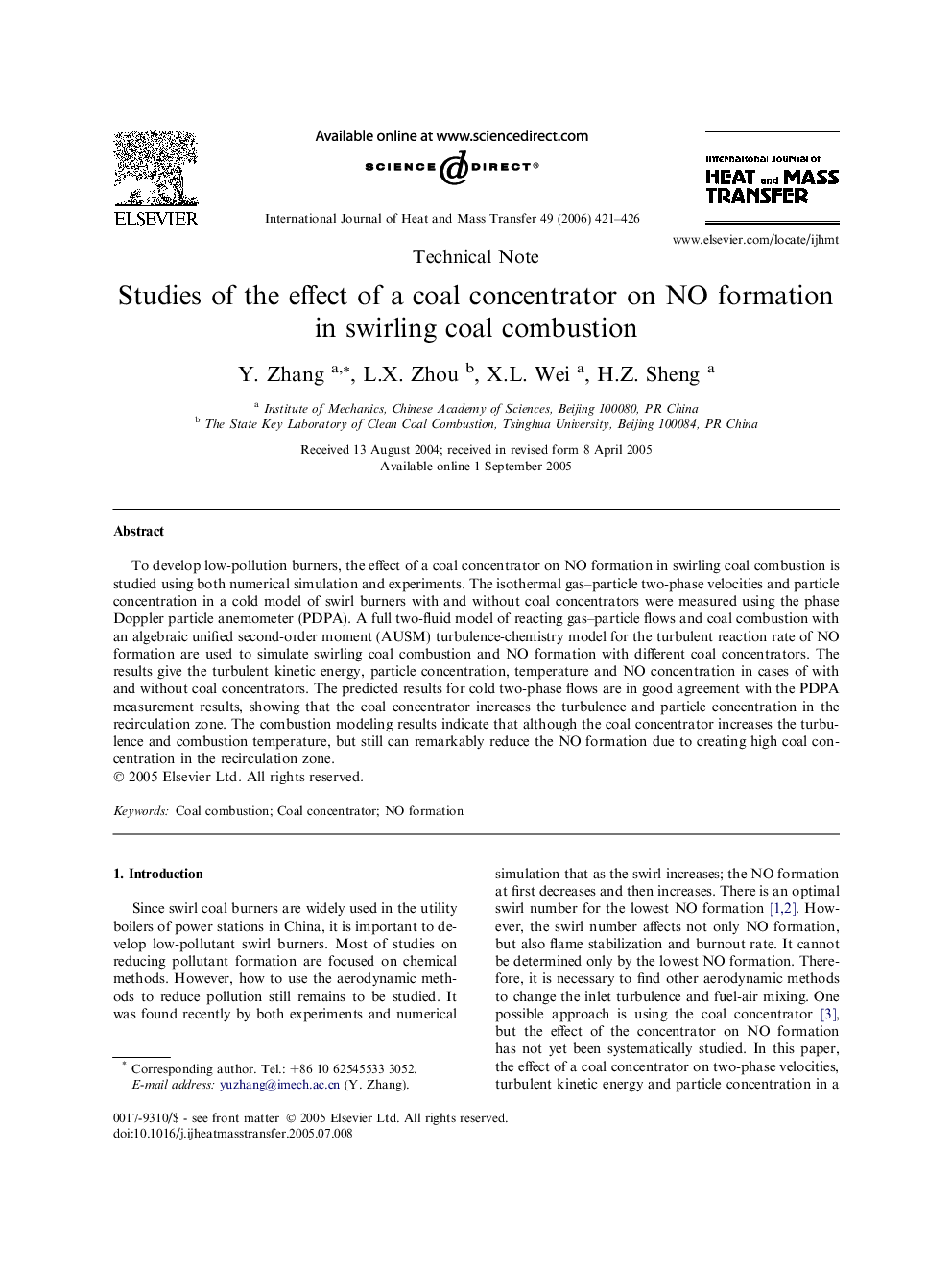 Studies of the effect of a coal concentrator on NO formation in swirling coal combustion