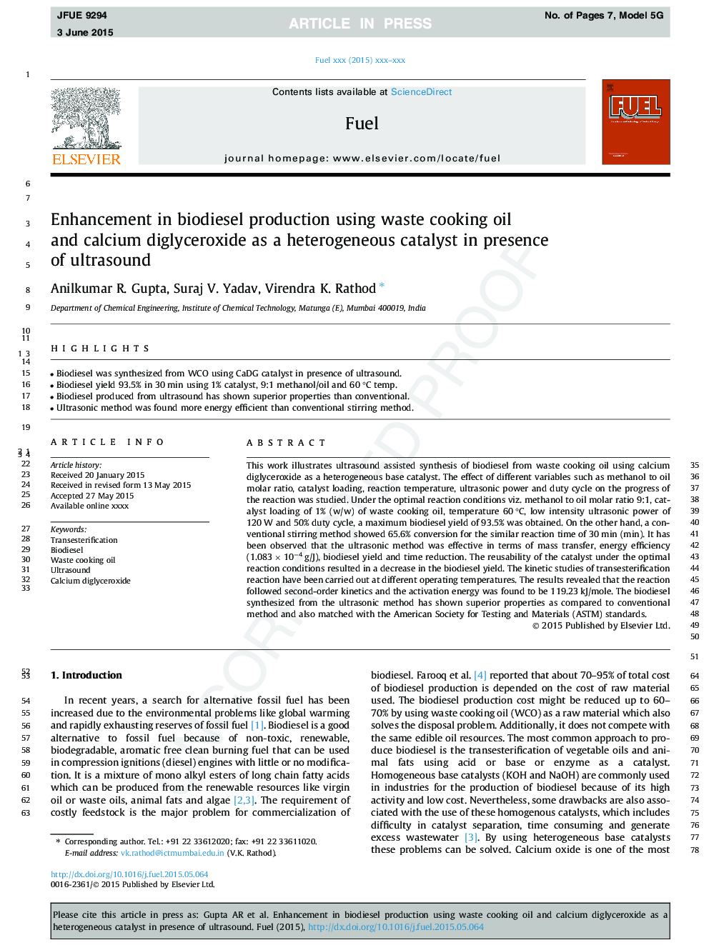 Enhancement in biodiesel production using waste cooking oil and calcium diglyceroxide as a heterogeneous catalyst in presence of ultrasound