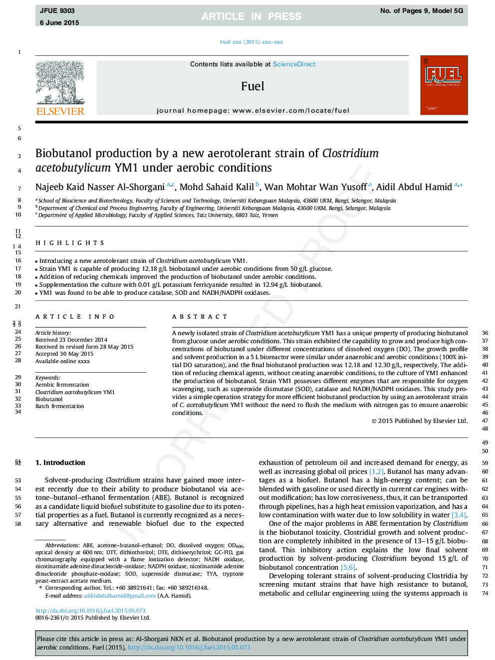 Biobutanol production by a new aerotolerant strain of Clostridium acetobutylicum YM1 under aerobic conditions
