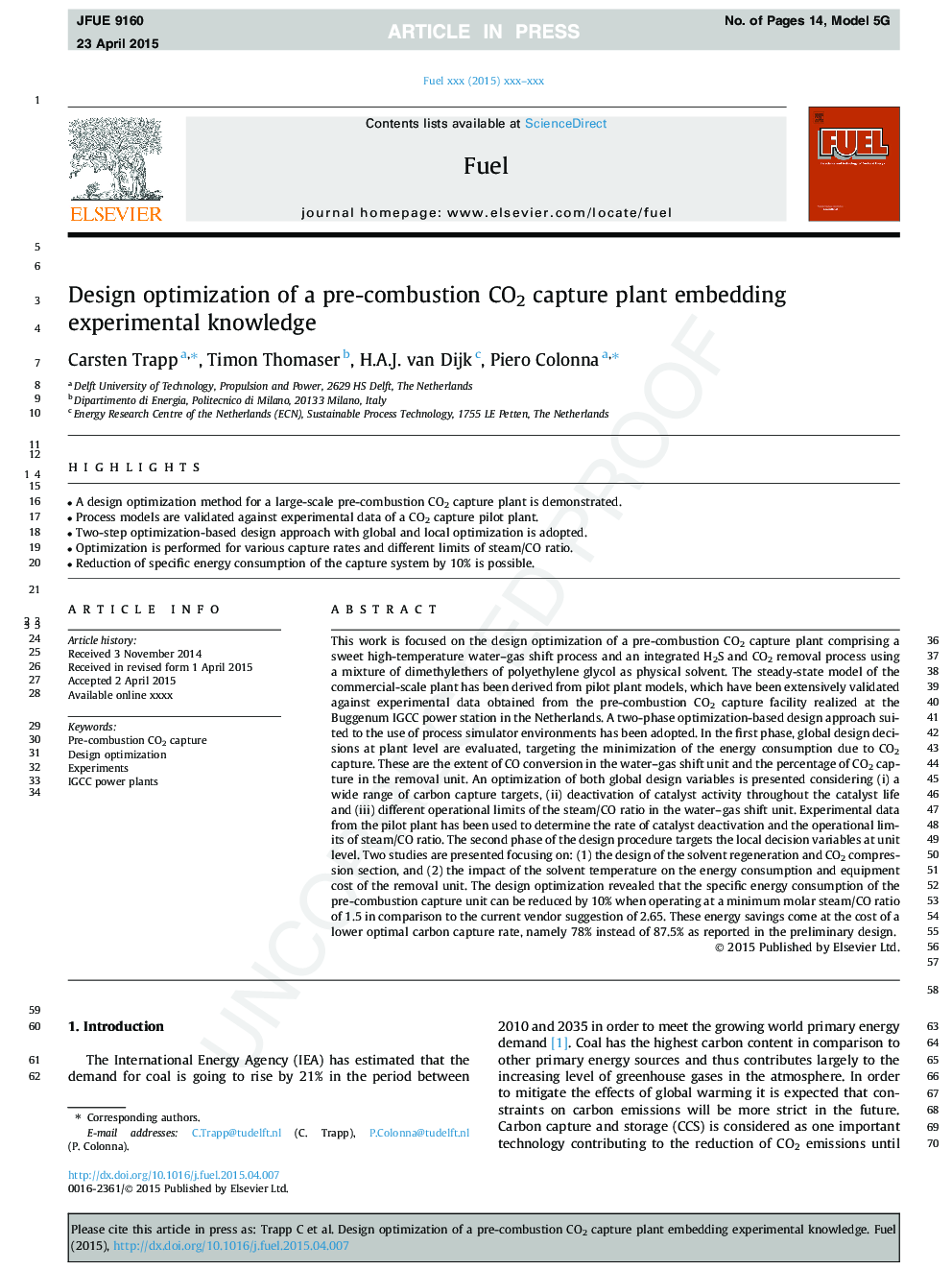 Design optimization of a pre-combustion CO2 capture plant embedding experimental knowledge