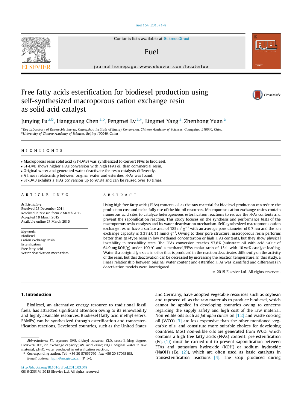 Free fatty acids esterification for biodiesel production using self-synthesized macroporous cation exchange resin as solid acid catalyst