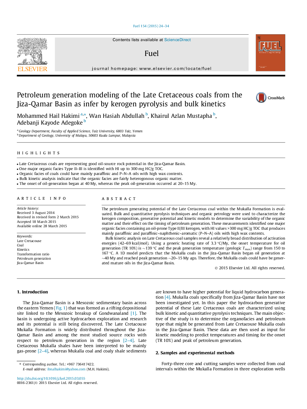 Petroleum generation modeling of the Late Cretaceous coals from the Jiza-Qamar Basin as infer by kerogen pyrolysis and bulk kinetics