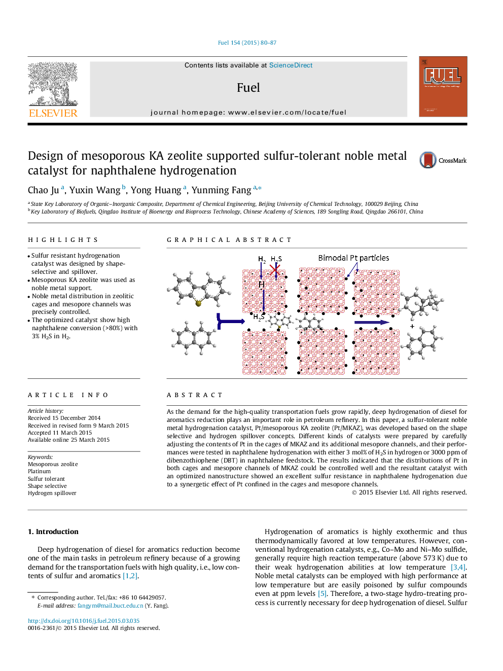 Design of mesoporous KA zeolite supported sulfur-tolerant noble metal catalyst for naphthalene hydrogenation