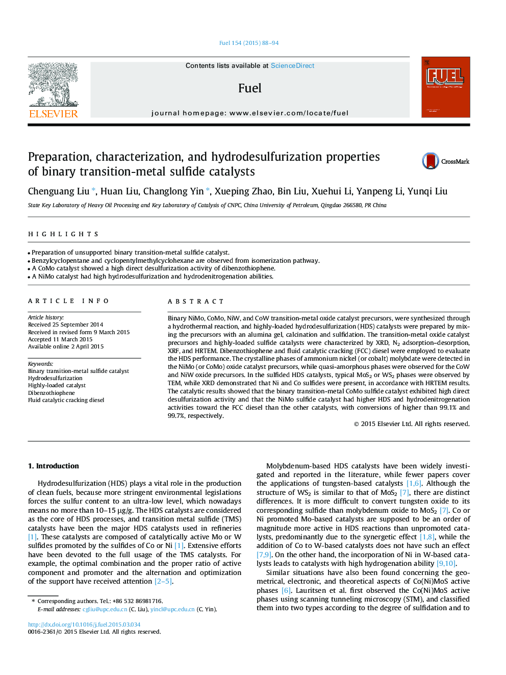 Preparation, characterization, and hydrodesulfurization properties of binary transition-metal sulfide catalysts