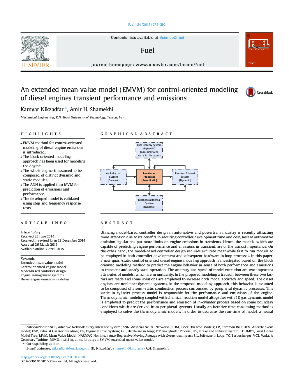 An extended mean value model (EMVM) for control-oriented modeling of diesel engines transient performance and emissions