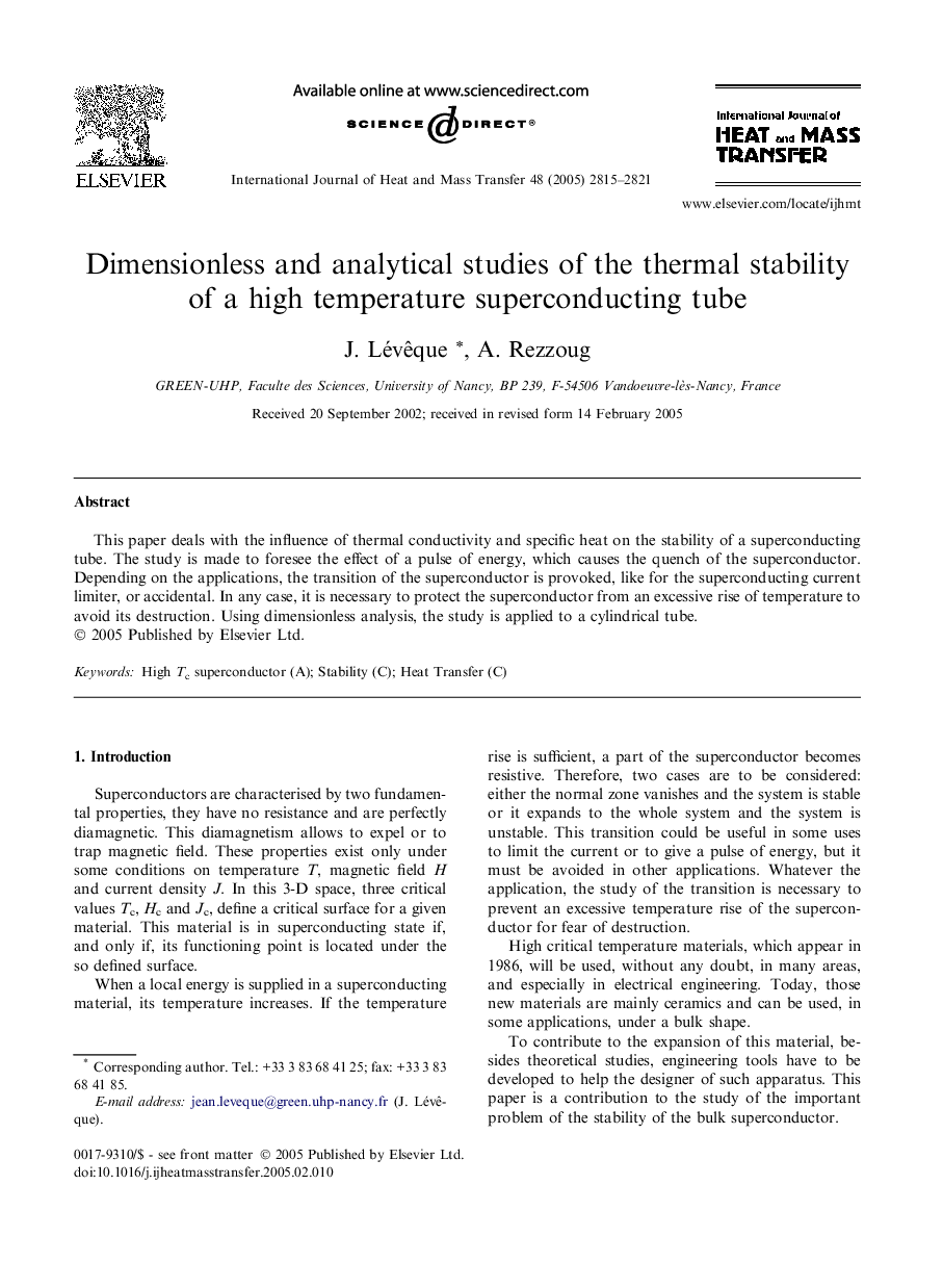 Dimensionless and analytical studies of the thermal stability of a high temperature superconducting tube