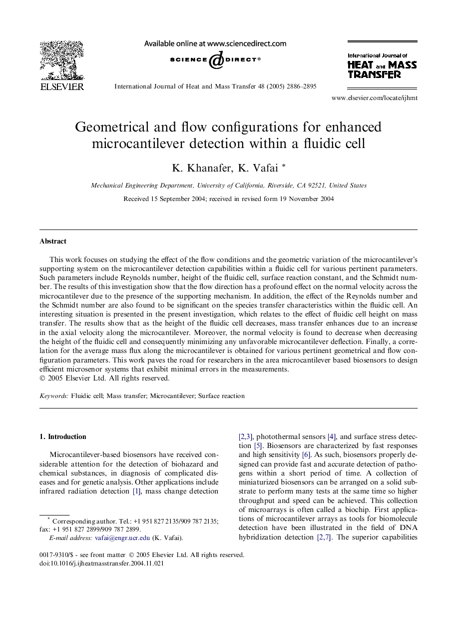 Geometrical and flow configurations for enhanced microcantilever detection within a fluidic cell