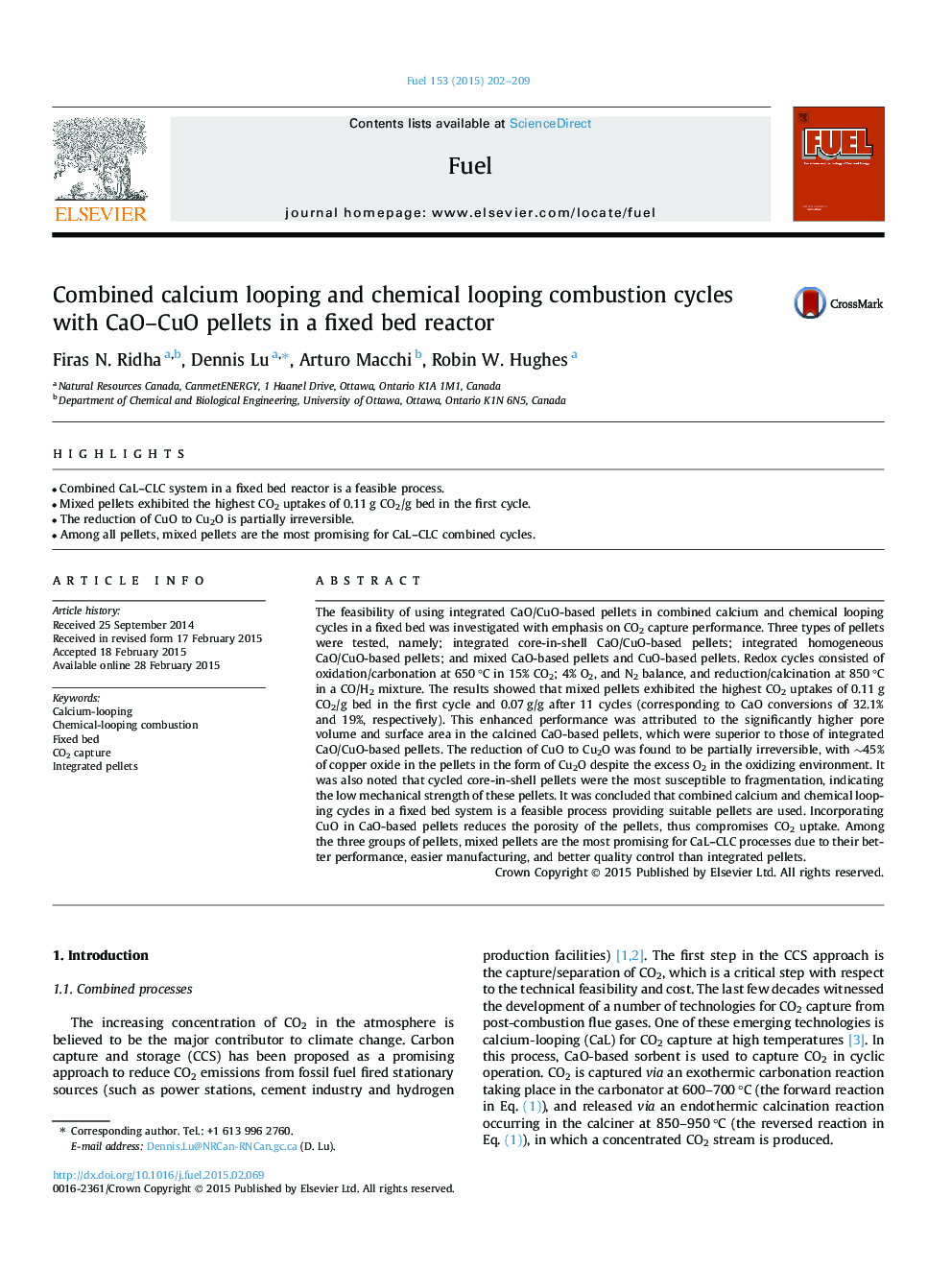 Combined calcium looping and chemical looping combustion cycles with CaO-CuO pellets in a fixed bed reactor