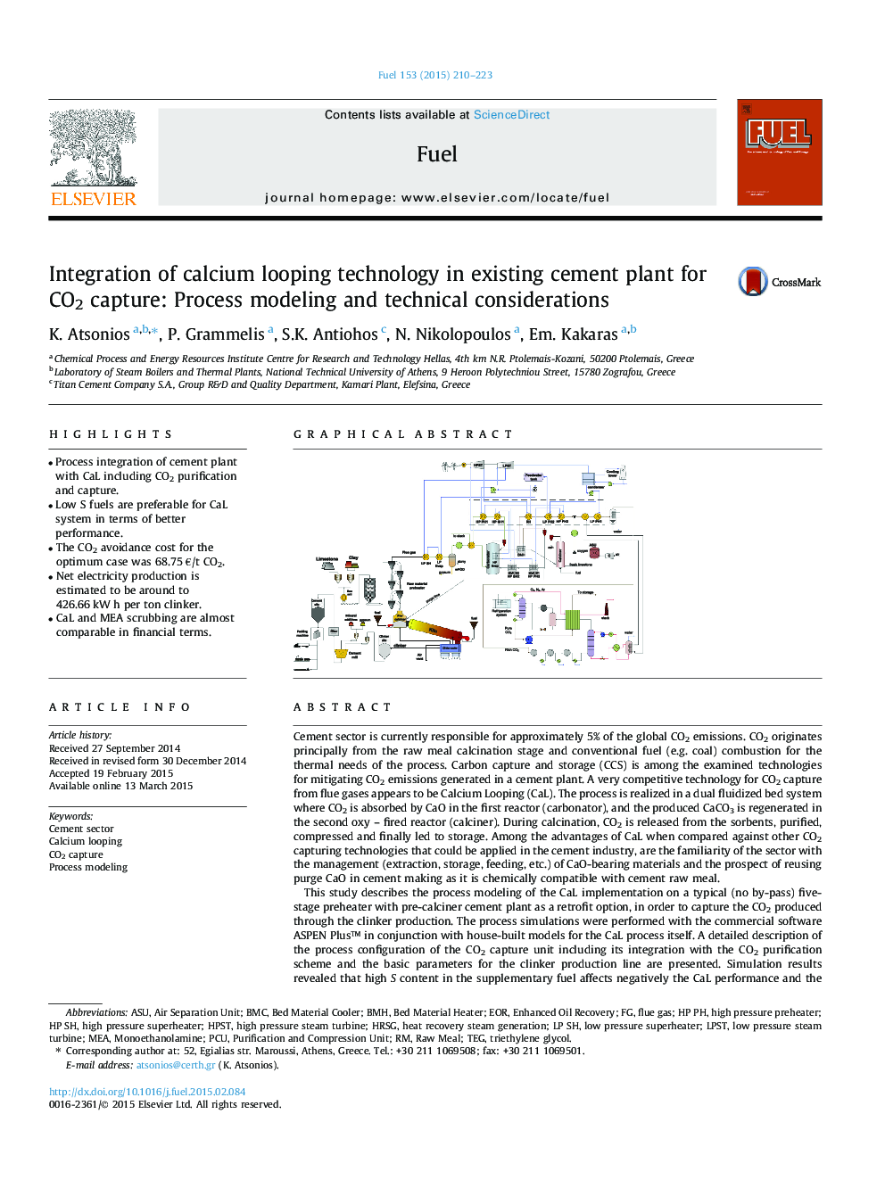 Integration of calcium looping technology in existing cement plant for CO2 capture: Process modeling and technical considerations