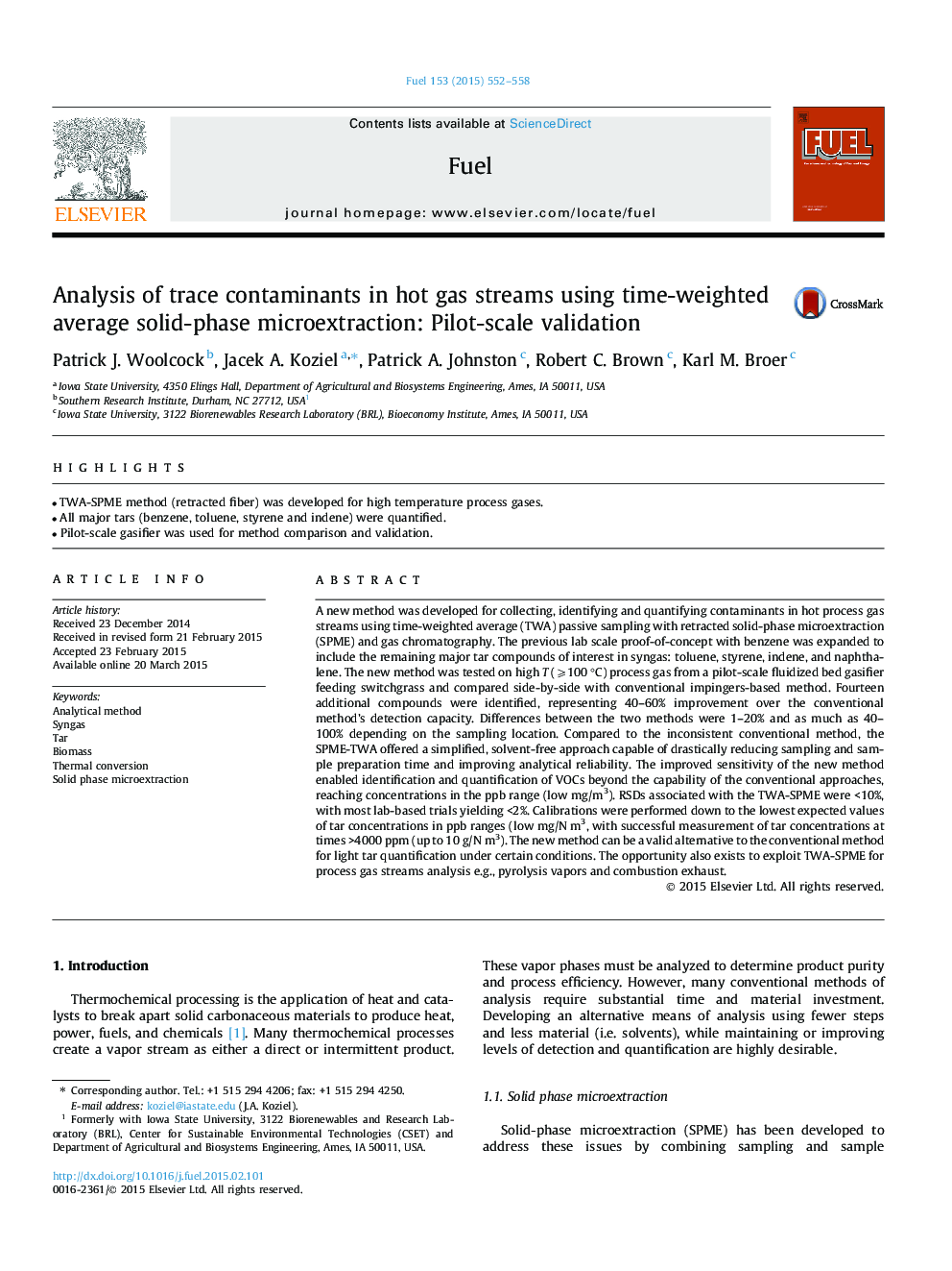 Analysis of trace contaminants in hot gas streams using time-weighted average solid-phase microextraction: Pilot-scale validation