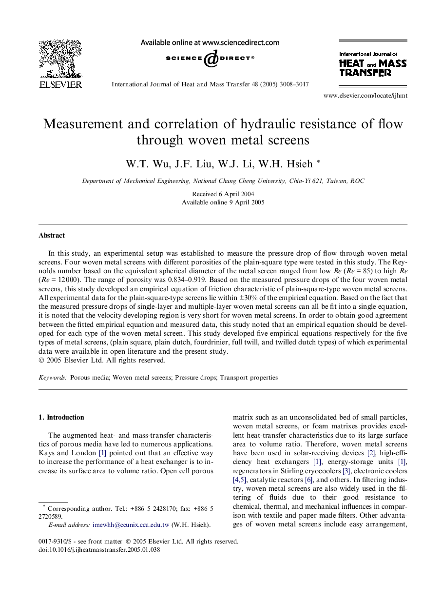 Measurement and correlation of hydraulic resistance of flow through woven metal screens