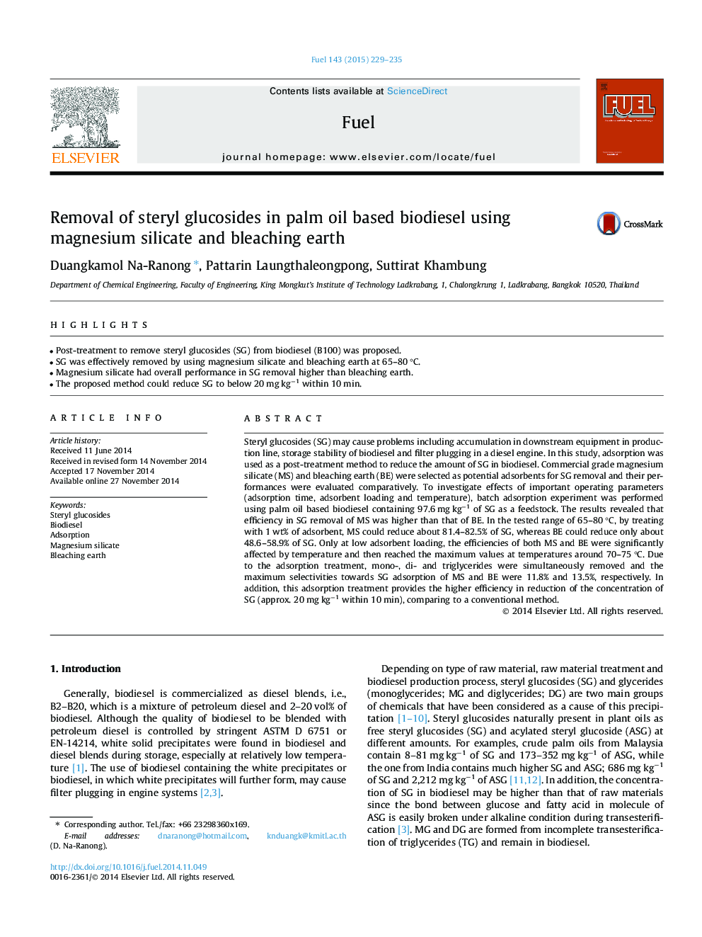 Removal of steryl glucosides in palm oil based biodiesel using magnesium silicate and bleaching earth