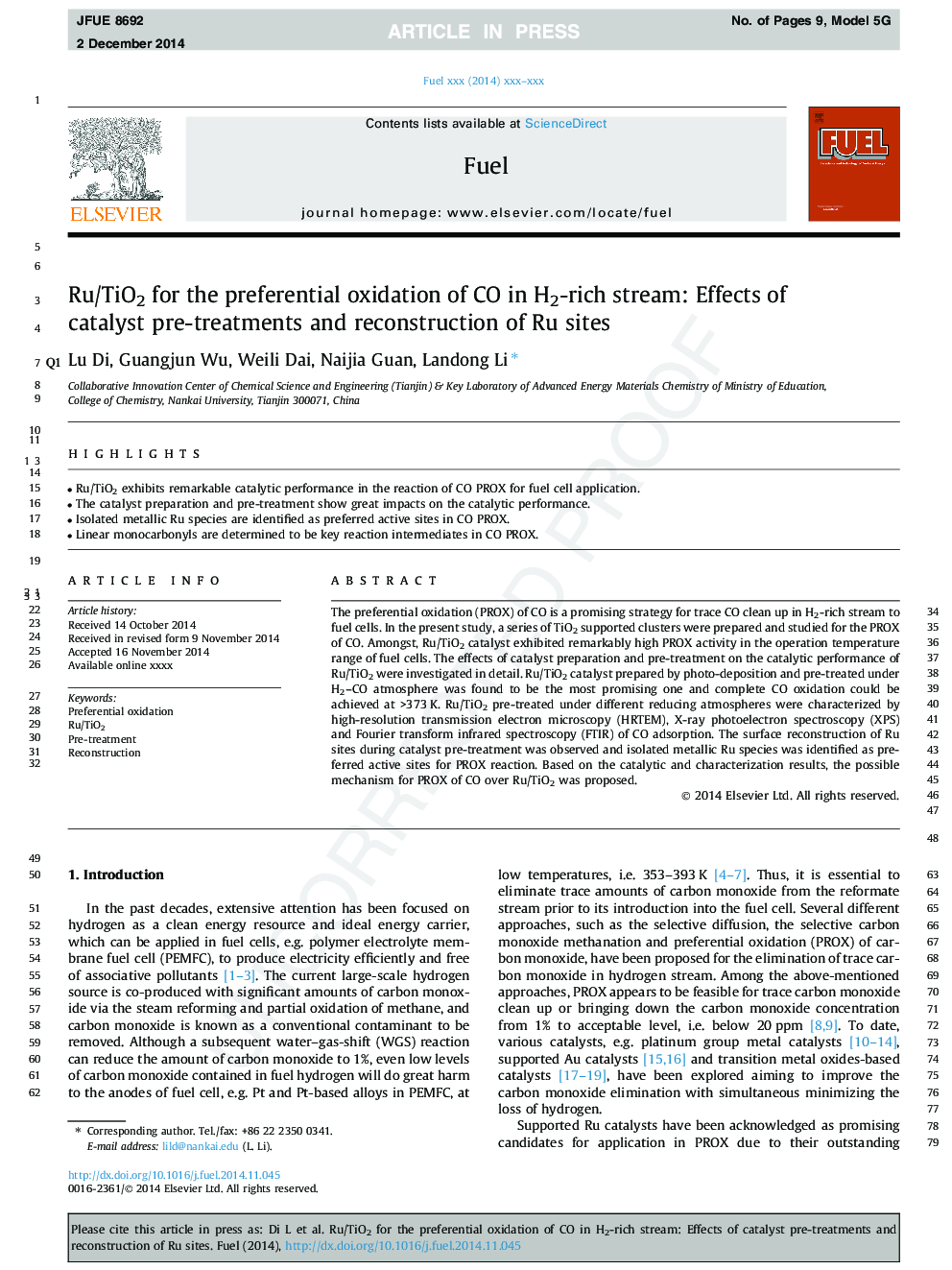 Ru/TiO2 for the preferential oxidation of CO in H2-rich stream: Effects of catalyst pre-treatments and reconstruction of Ru sites