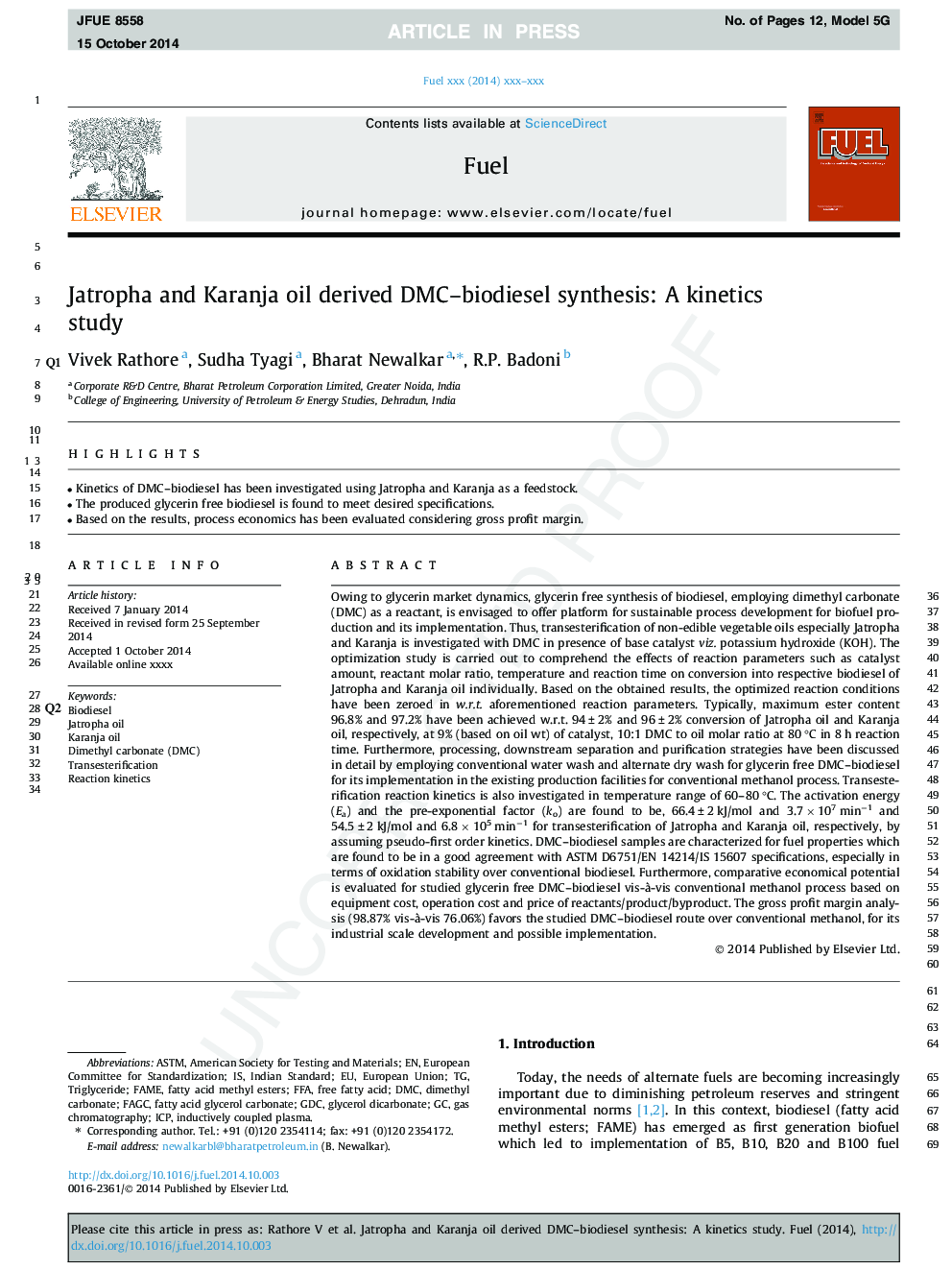 Jatropha and Karanja oil derived DMC-biodiesel synthesis: A kinetics study