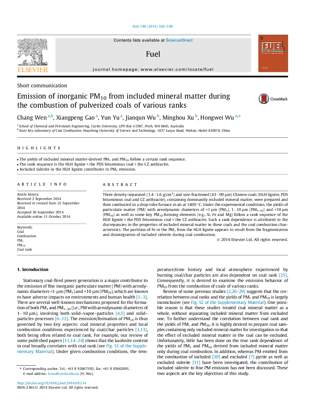 Emission of inorganic PM10 from included mineral matter during the combustion of pulverized coals of various ranks