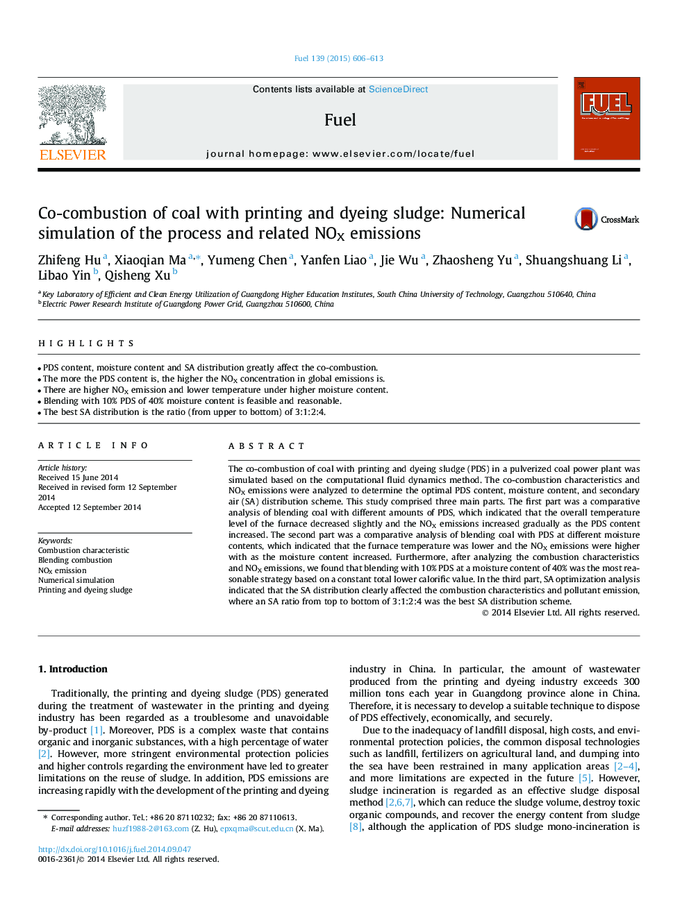 Co-combustion of coal with printing and dyeing sludge: Numerical simulation of the process and related NOX emissions