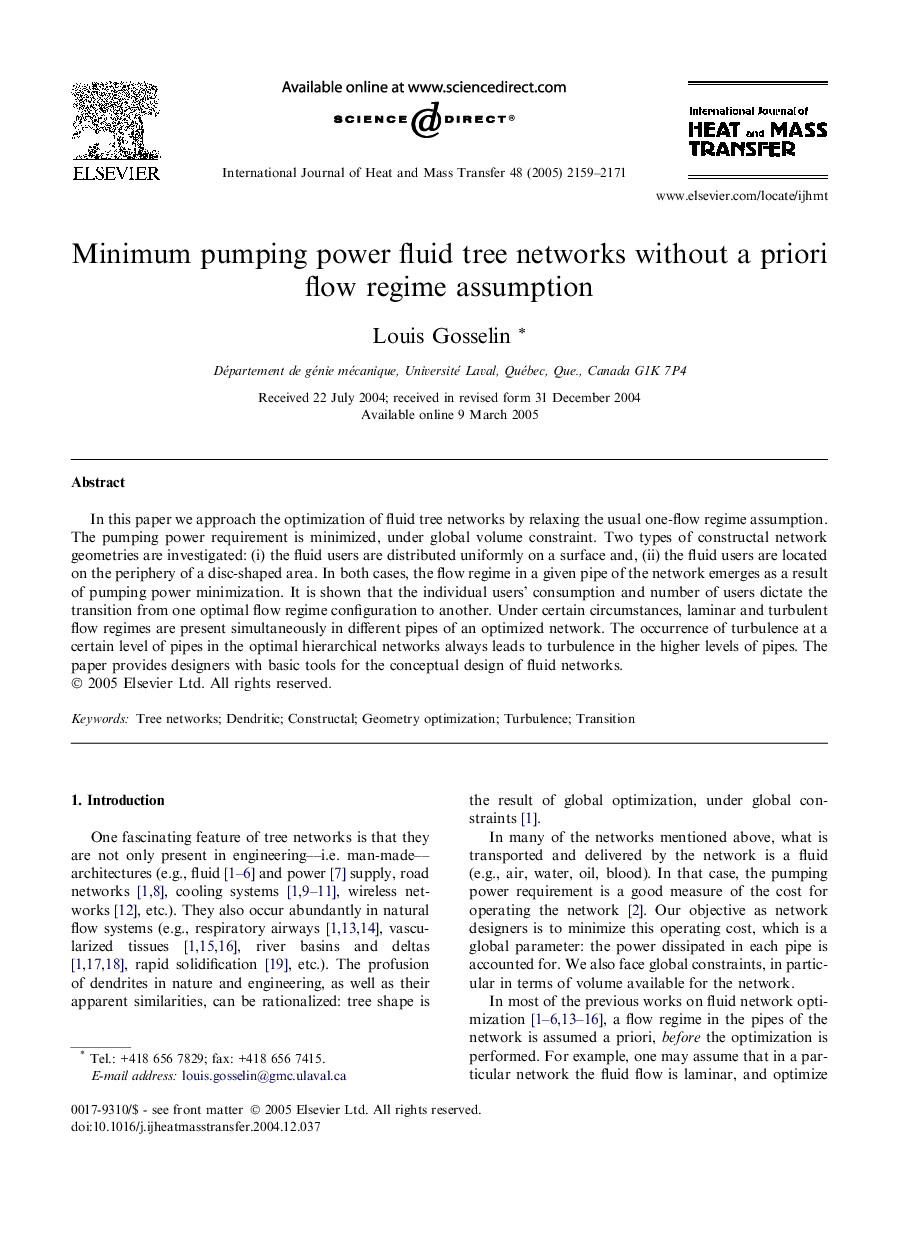 Minimum pumping power fluid tree networks without a priori flow regime assumption