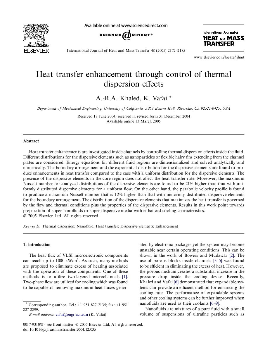 Heat transfer enhancement through control of thermal dispersion effects