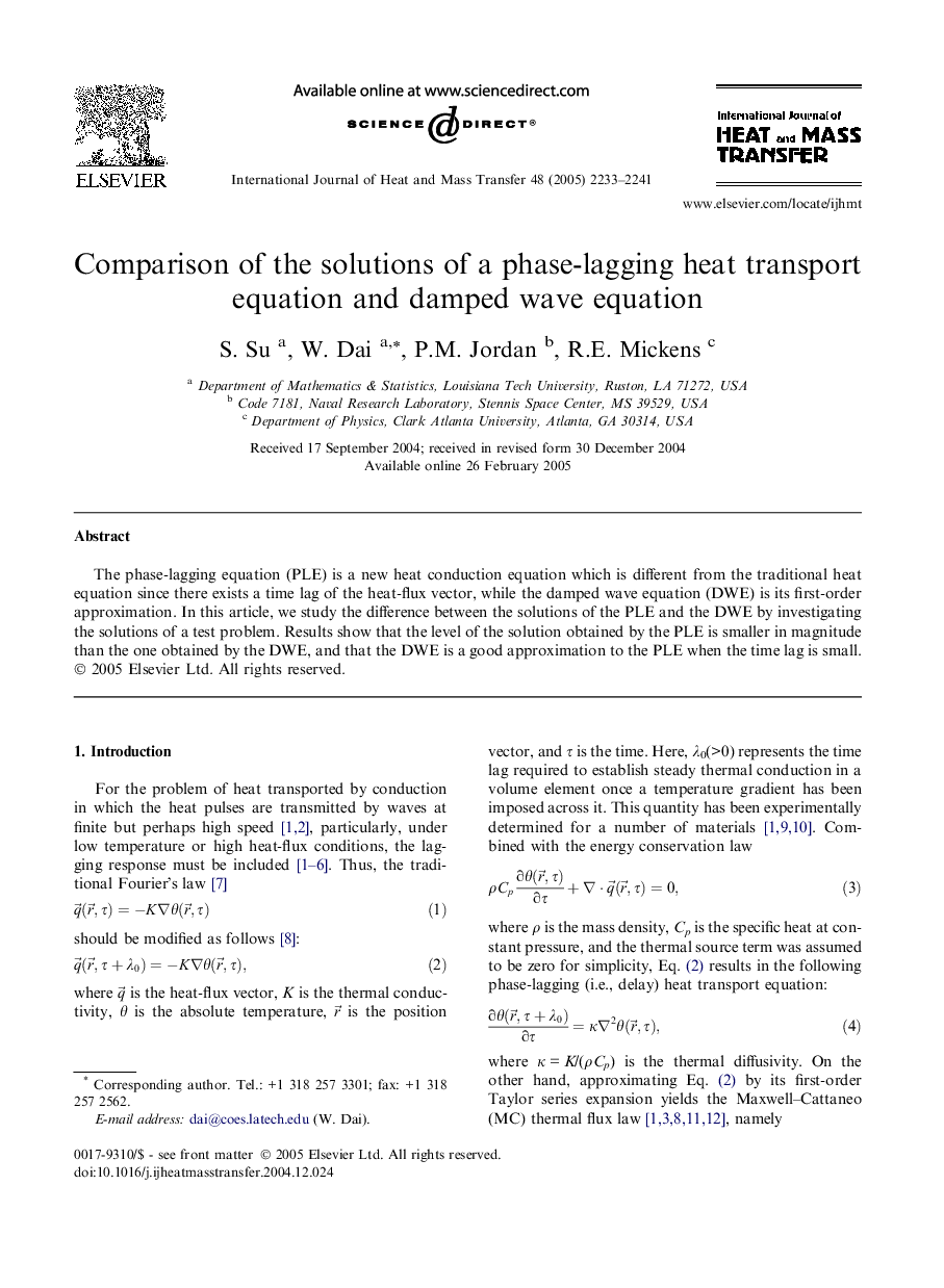 Comparison of the solutions of a phase-lagging heat transport equation and damped wave equation