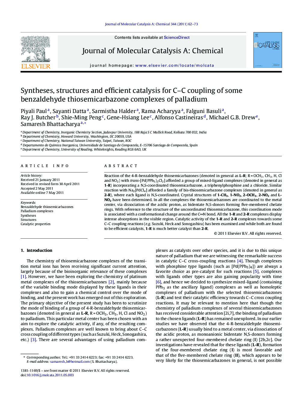عکس صفحه اول مقاله: Syntheses, structures and efficient catalysis for C–C coupling of some benzaldehyde thiosemicarbazone complexes of palladium Syntheses, structures and efficient catalysis for C–C coupling of some benzaldehyde thiosemicarbazone complexes of palladium