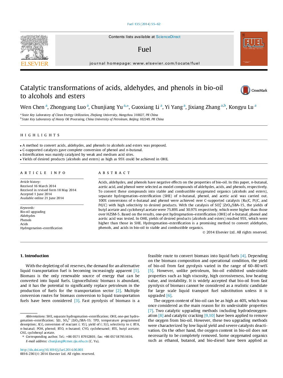 Catalytic transformations of acids, aldehydes, and phenols in bio-oil to alcohols and esters