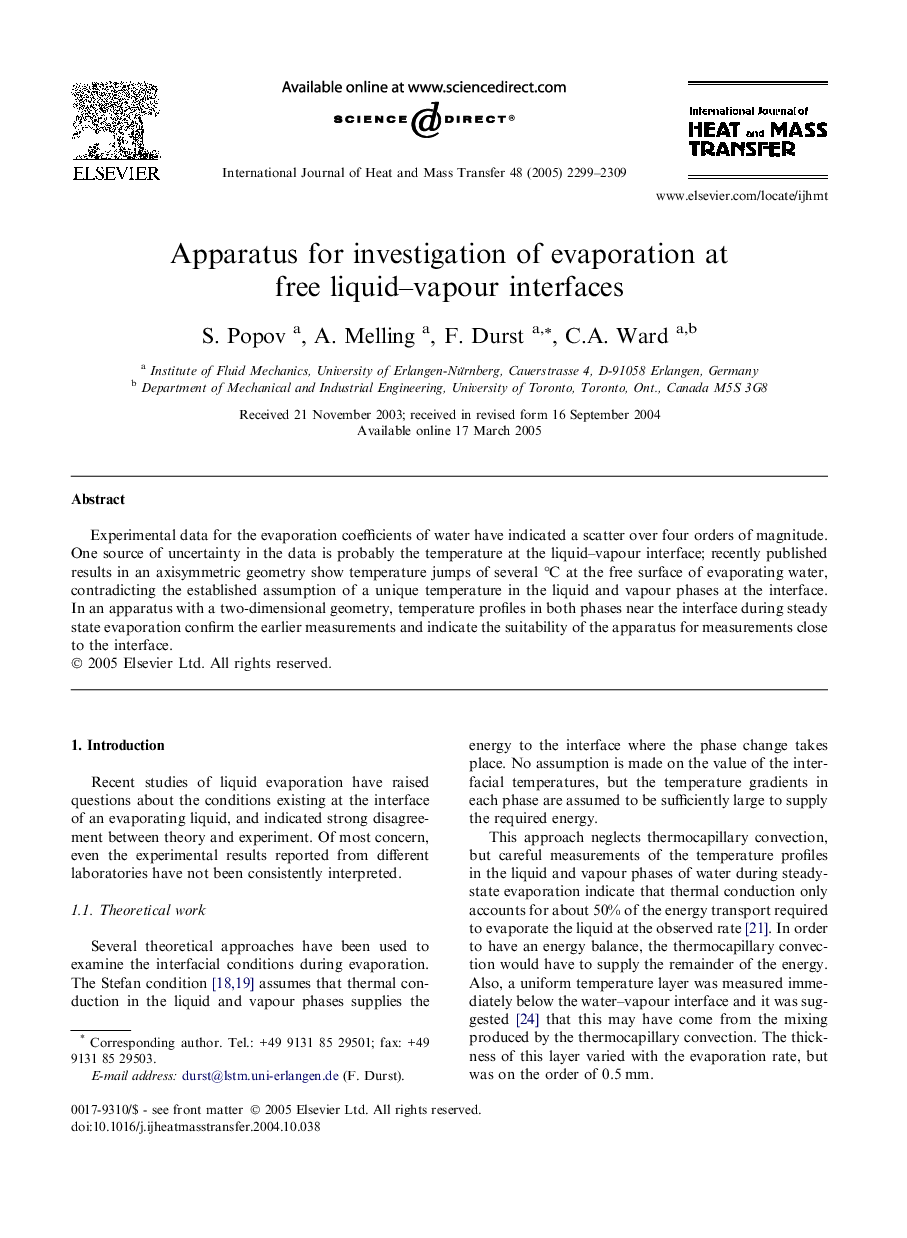 Apparatus for investigation of evaporation at free liquid–vapour interfaces