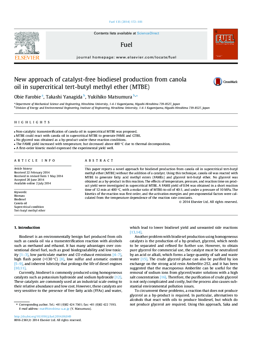 New approach of catalyst-free biodiesel production from canola oil in supercritical tert-butyl methyl ether (MTBE)