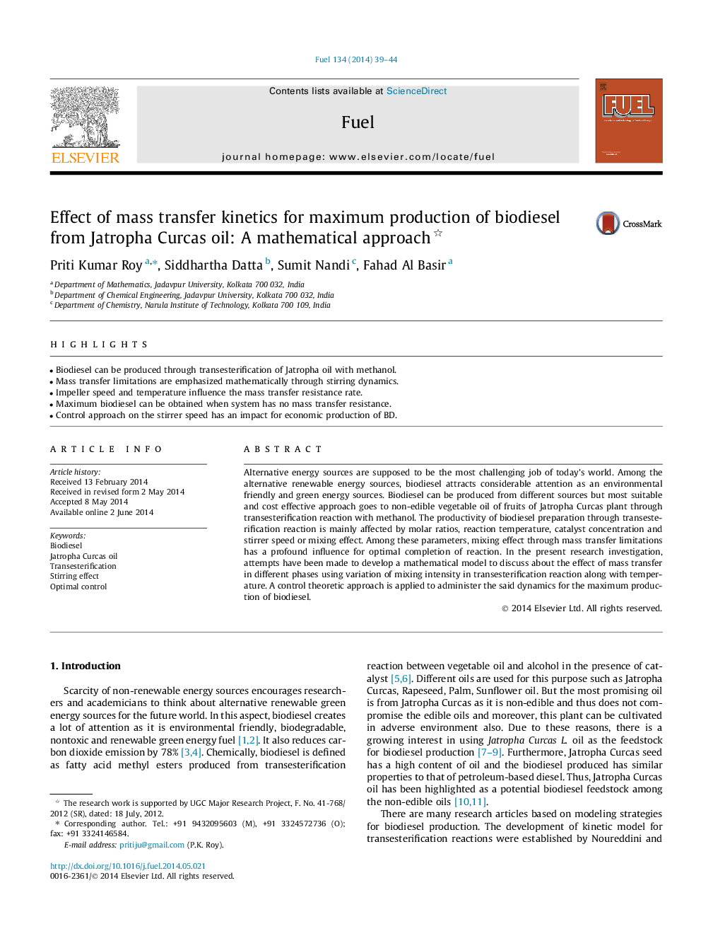 Effect of mass transfer kinetics for maximum production of biodiesel from Jatropha Curcas oil: A mathematical approach