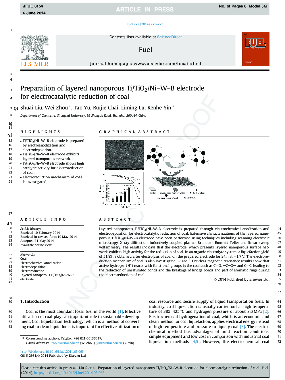 Preparation of layered nanoporous Ti/TiO2/Ni-W-B electrode for electrocatalytic reduction of coal