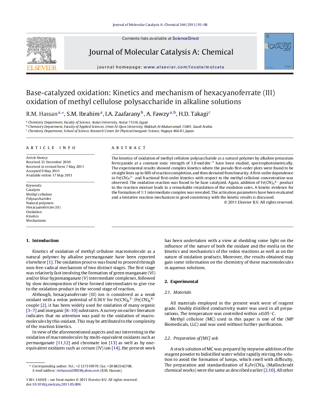 Base-catalyzed oxidation: Kinetics and mechanism of hexacyanoferrate (III) oxidation of methyl cellulose polysaccharide in alkaline solutions