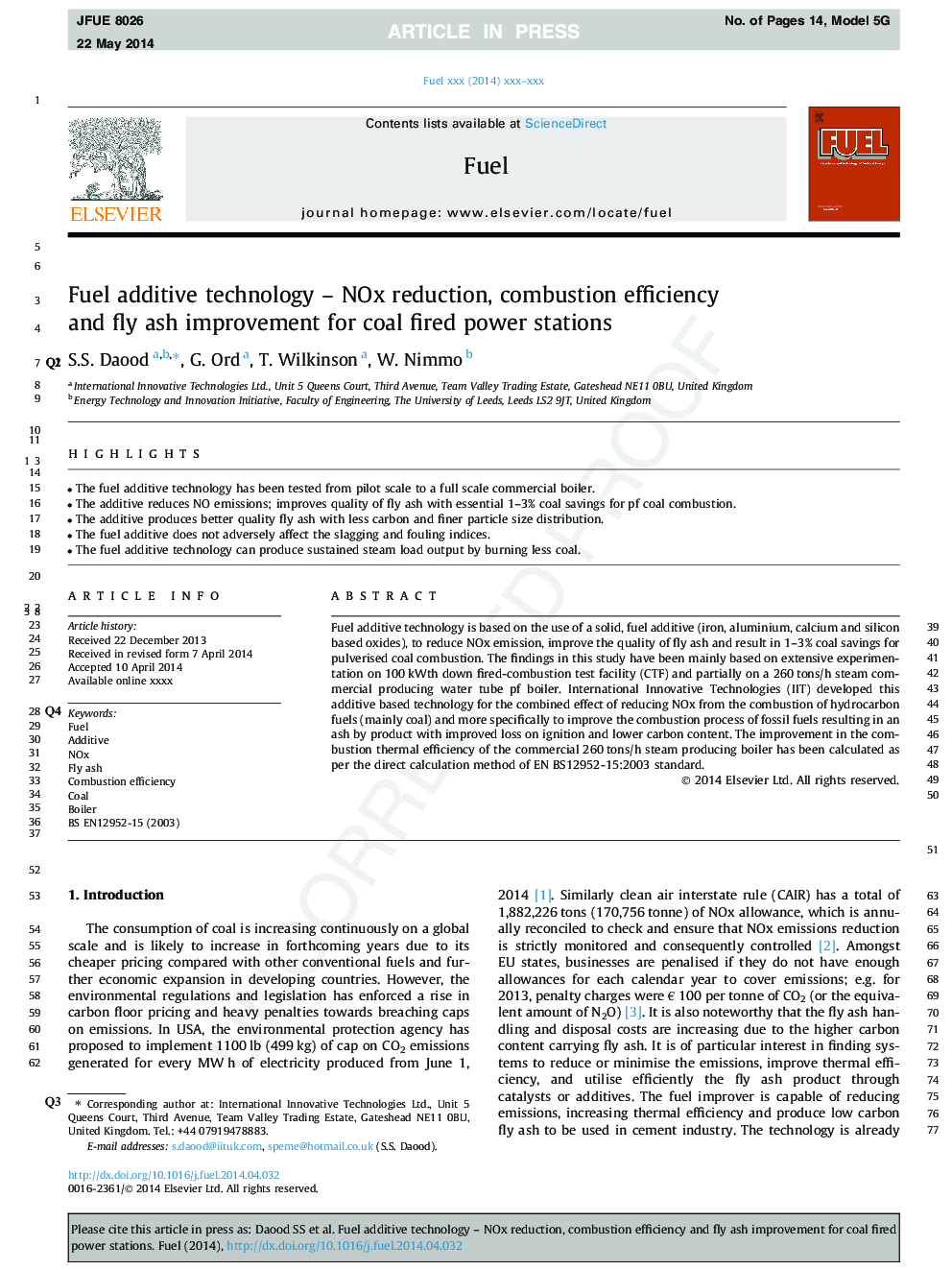 Fuel additive technology - NOx reduction, combustion efficiency and fly ash improvement for coal fired power stations