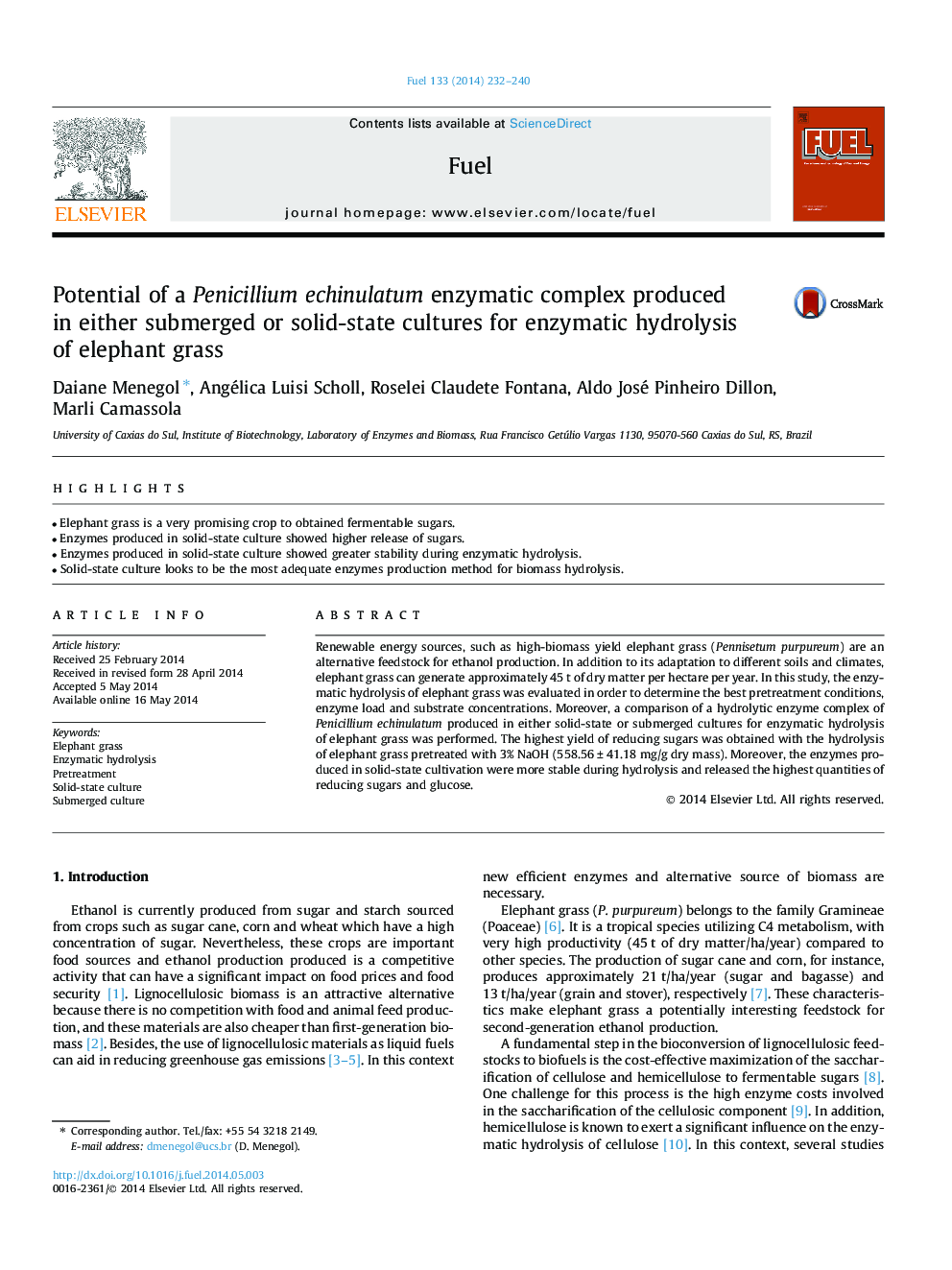 Potential of a Penicillium echinulatum enzymatic complex produced in either submerged or solid-state cultures for enzymatic hydrolysis of elephant grass