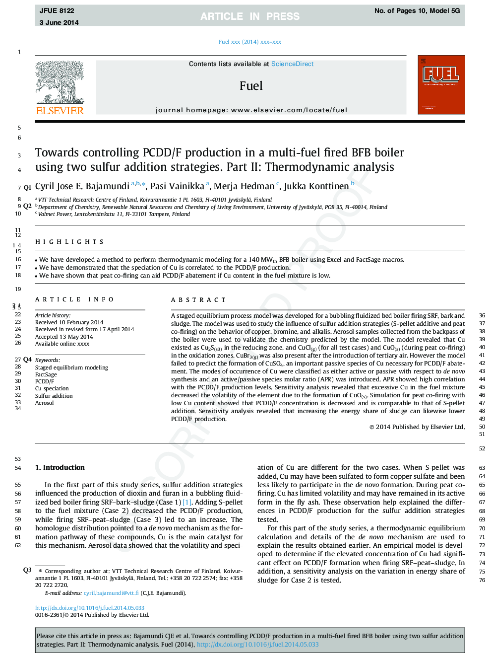 Towards controlling PCDD/F production in a multi-fuel fired BFB boiler using two sulfur addition strategies. Part II: Thermodynamic analysis