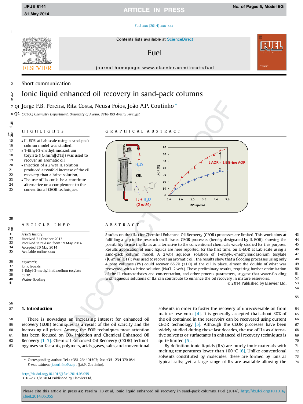 Ionic liquid enhanced oil recovery in sand-pack columns