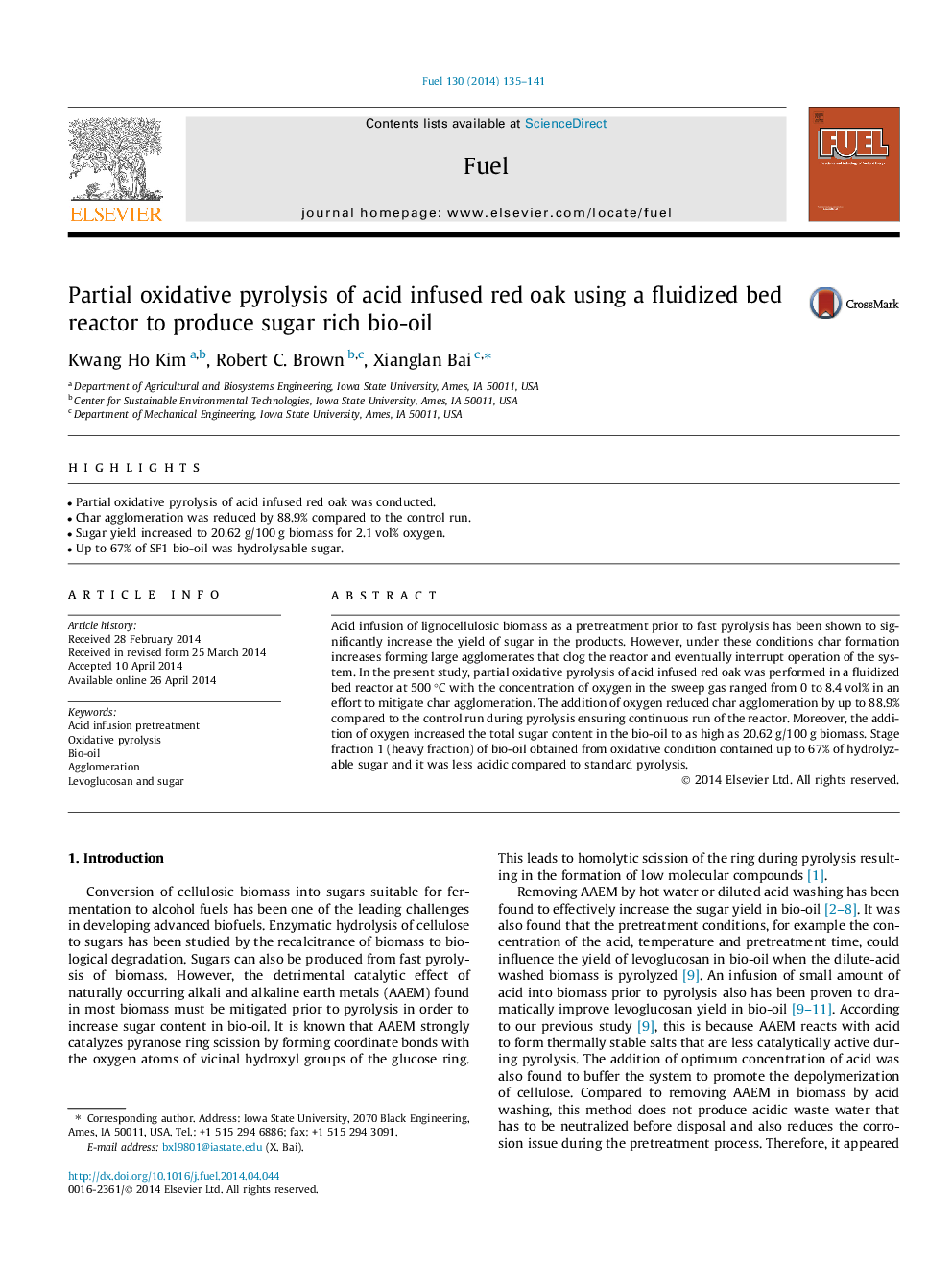 Partial oxidative pyrolysis of acid infused red oak using a fluidized bed reactor to produce sugar rich bio-oil