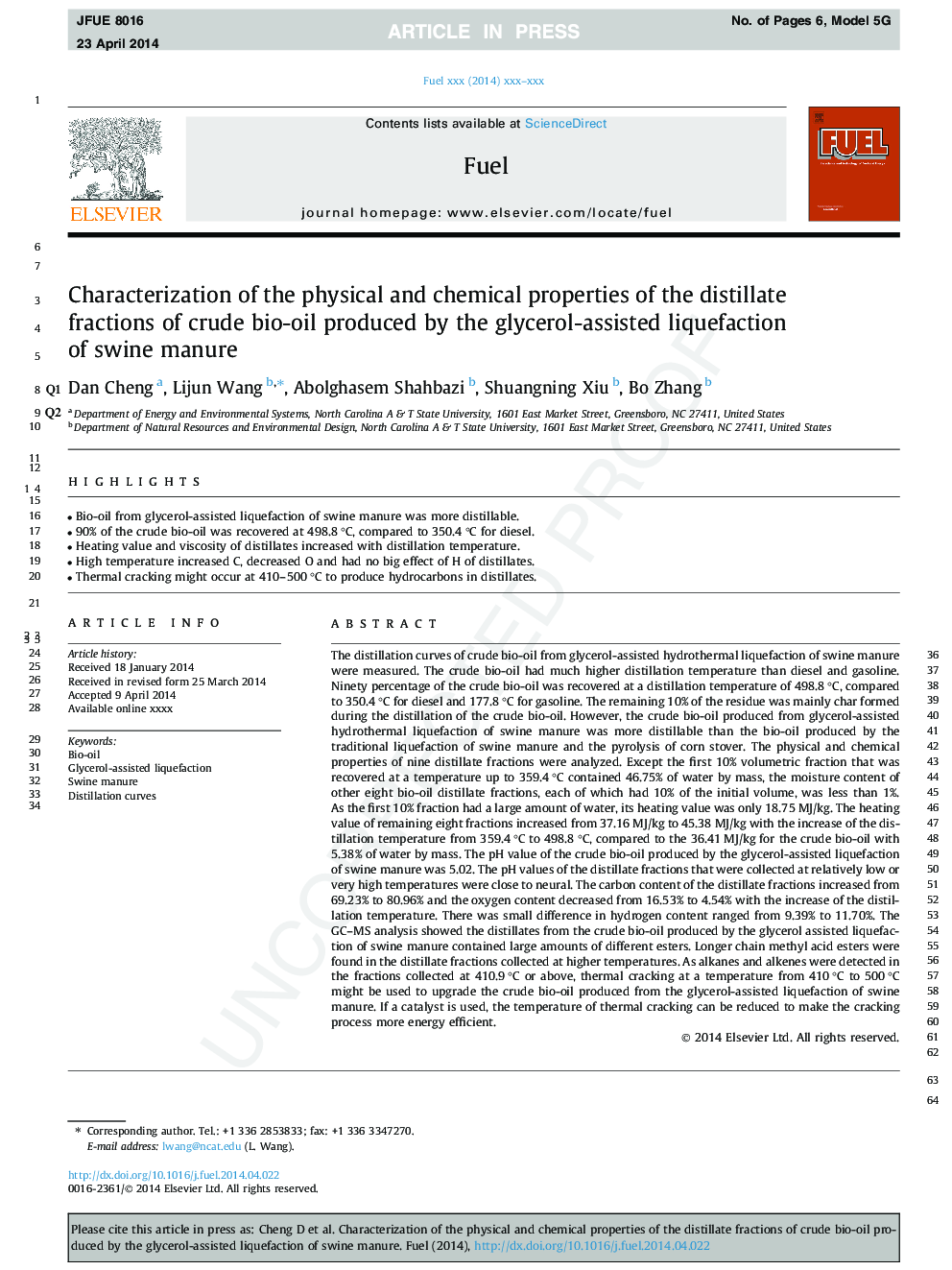 Characterization of the physical and chemical properties of the distillate fractions of crude bio-oil produced by the glycerol-assisted liquefaction of swine manure