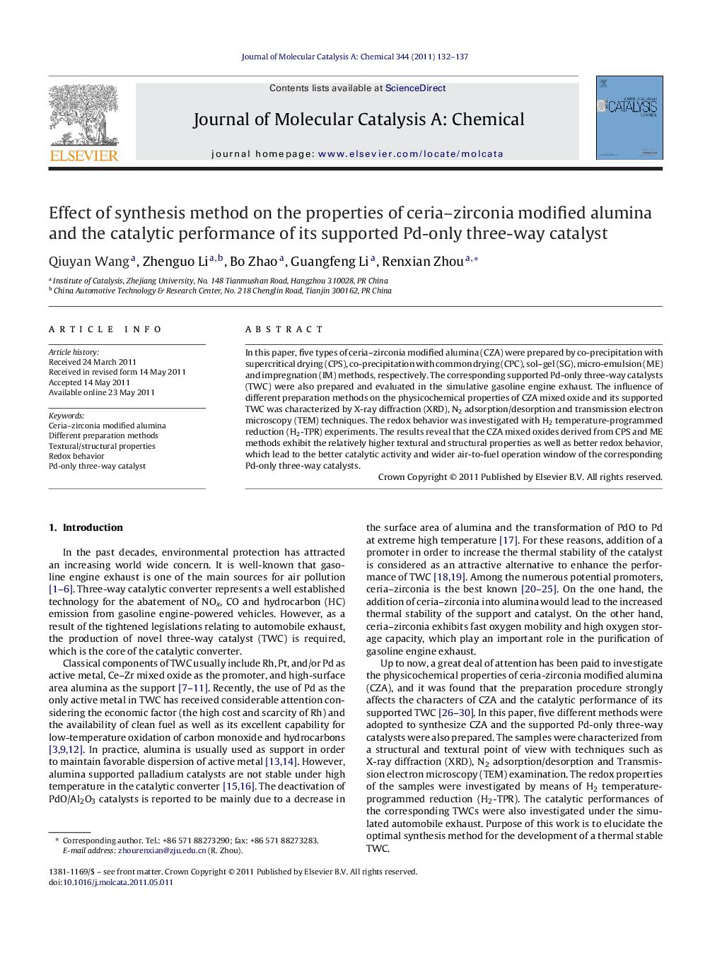 Effect of synthesis method on the properties of ceria–zirconia modified alumina and the catalytic performance of its supported Pd-only three-way catalyst